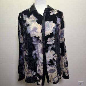 Anewsta NWOT Velvet Burnout Floral Long Sleeve Blouse Lrg Button Front Sheer
